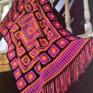 RETIREMENT SALE *** Vintage Crochet Pattern for Bright Mexican Fiesta Granny Squares Afghan  Throw Blanket Bedspread Cover Retro