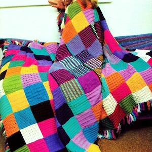 Knitting Pattern for Squares Patchwork Throw Afghan  Vintage Stashbuster Blanket Bedspread Simple Easy Knit dk worsted