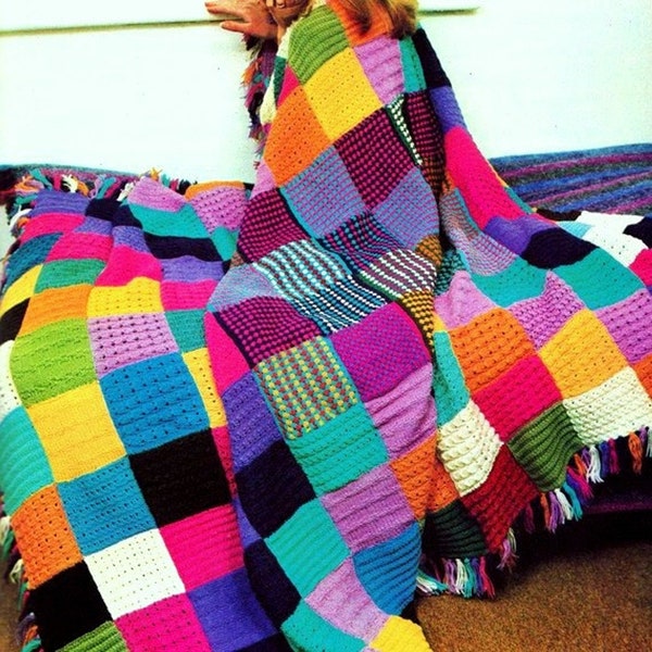 INSTANT DOWNLOAD PDF Knitting Pattern for Squares Patchwork Throw Afghan  Vintage Stashbuster Blanket Bedspread Simple Easy Knit dk worsted