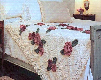 RETIREMENT SALE *** Vintage Crochet Pattern for Roses Afghan Throw Blanket Bedspread  Retro