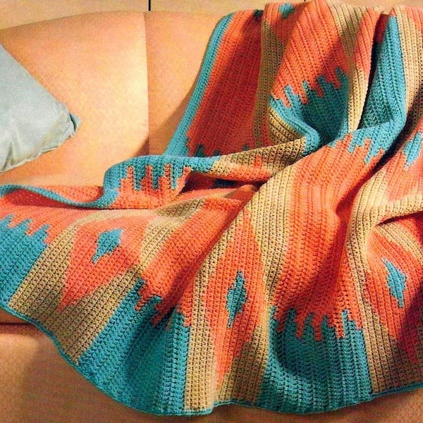 Vintage Crochet Pattern Indian Navajo Sunset Native American Blanket  Kelim Afghan Throw  Thanksgiving Halloween Fall Autumn Southwestern