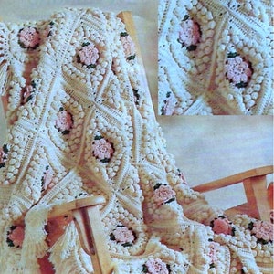 SALDI PER PENSIONAMENTO *** Modello vintage all'uncinetto per coperta afgana con motivo popcorn floreale, quadrati della nonna, fiori