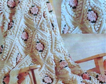 Vintage Crochet Pattern  for Floral Popcorn Afghan   INSTANT DOWNLOAD PDF  Throw Blanket  Granny Squares  Flower