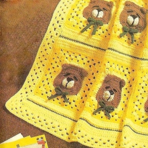 Vintage Crochet Pattern Sleepy Teddy Bear Afghan  Baby Cot Pram Blanket Throw Animal Zoo