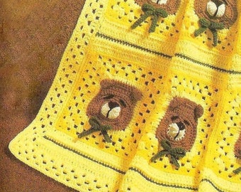 Vintage Crochet Pattern Sleepy Teddy Bear Afghan  Baby Cot Pram Blanket Throw Animal Zoo