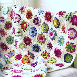 Vintage Crochet Pattern PDF Roses and Daisies Floral Granny Square Throw Afghan Blanket Bedspread Cover