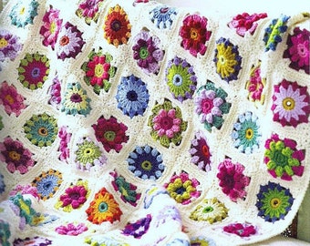 Vintage Crochet Pattern PDF Roses and Daisies Floral Granny Square Throw Afghan Blanket Bedspread Cover