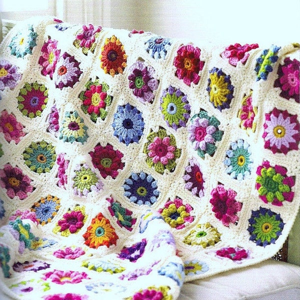 SALE *** Vintage Crochet Pattern PDF Roses and Daisies Floral Granny Square Throw Afghan Blanket Bedspread Cover