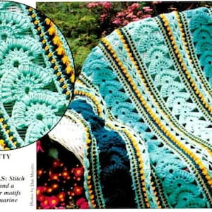 May include: A crocheted blanket with a blue, green, and yellow color scheme. The blanket features a pattern of large clam shells and other underwater motifs. The text "PRETTY PANELS: Stitch giant clam shells and a host of underwater motifs into a marvelous marine coverlet." is visible in the image.
