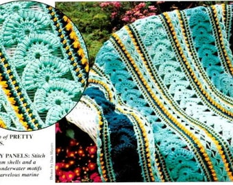 Vintage Crochet Pattern Mile a Minute Panel Afghan  Throw Blanket Bedspread Coverlet Cover Clam Shell Shells  Instant Download PDF