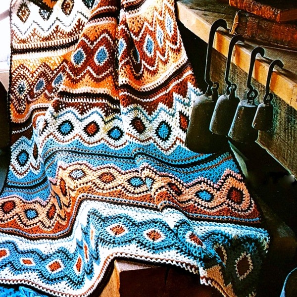 Vintage Crochet Pattern Navajo Indian Native American Blanket  Kelim Afghan Throw  Thanksgiving  Fall Autumn Southwestern Diamond Stripes
