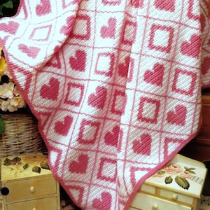 Vintage Crochet Pattern PDF  Diamonds and Hearts Baby Afghan   Pram Cover Cot Blanket   Christening Baby Shower Baptism