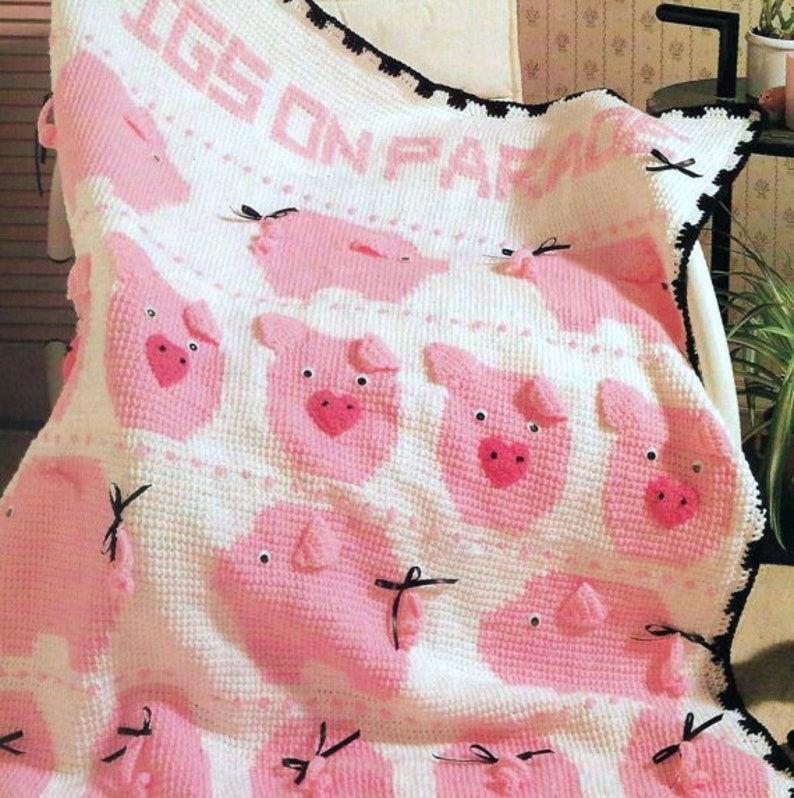 RETIREMENT SALE Vintage Crochet Pattern PDF Pigs Afghan Baby Pram Cover
