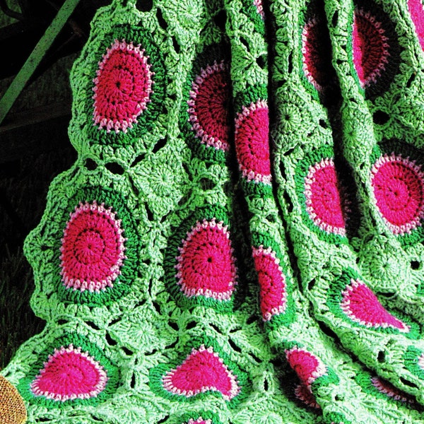 INSTANT DOWNLOAD PDF Vintage Crochet Pattern  for Summer Watermelon Afghan Throw Granny Squares Blanket  Retro