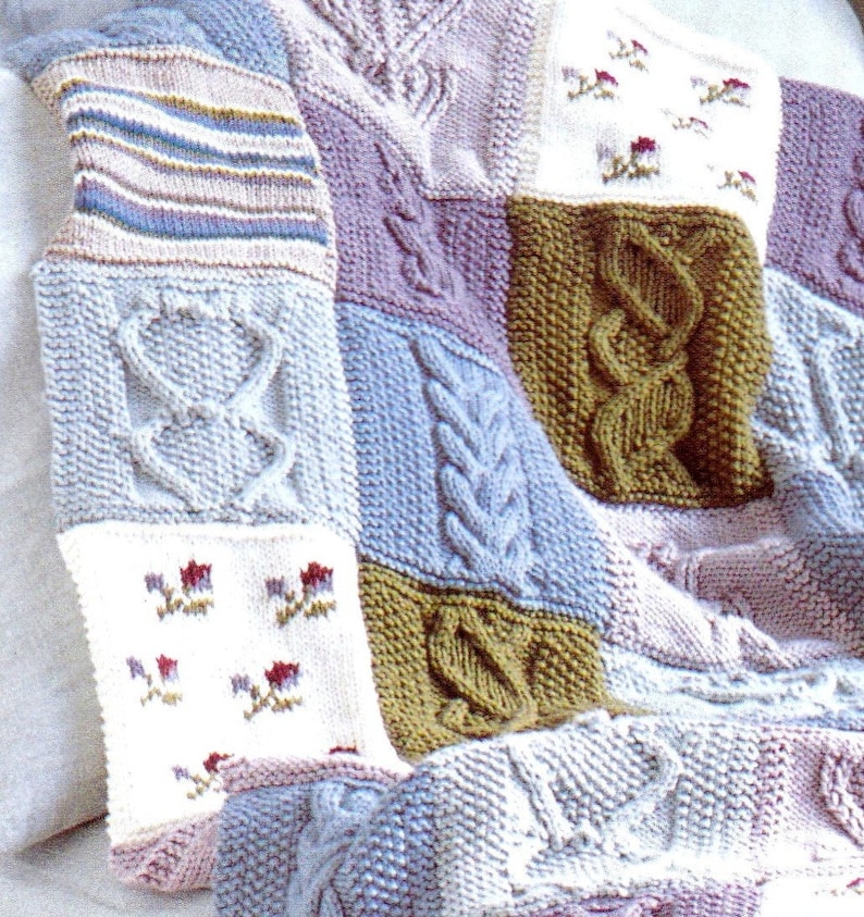 RETIREMENT SALE *** Knitting Pattern Cotton Patchwork Throw Blanket Afghan Bedspread Cable Floral Heart Squares Sampler DK Vintage image 2
