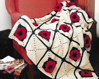 RETIREMENT SALE *** Vintage Crochet Pattern PDF for Poppy Afghan  Throw Blanket Bedspread Granny Squares  Raised Flower Poppies