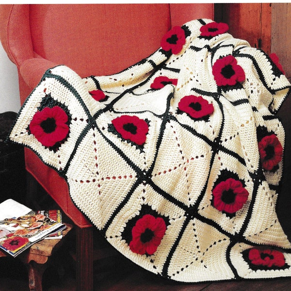 Vintage Crochet Pattern PDF for Poppy Afghan  Throw Blanket Bedspread Granny Squares  Raised Flower Poppies Keep Warm this Winter