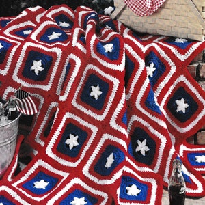 RETIREMENT SALE *** Vintage Crochet Pattern Star Spangled Banner Granny Square Afghan Stars and Stripes Throw American Flag Independence Day