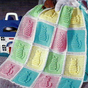 RETIREMENT SALE *** Vintage Crochet Pattern Popcorn Kitty Cat Afghan Bedspread Throw Blanket Kitten Bild 2