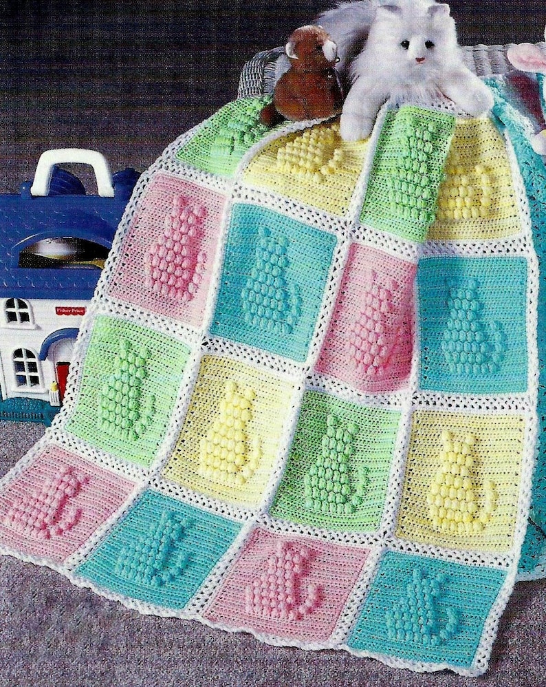 RETIREMENT SALE *** Vintage Crochet Pattern Popcorn Kitty Cat Afghan Bedspread Throw Blanket Kitten Bild 2