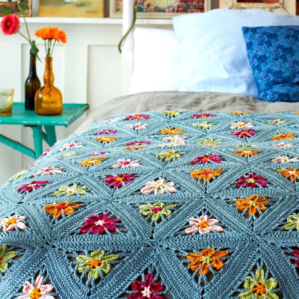 Vintage Crochet Pattern PDF   Floral Granny Triangle Throw  Afghan Blanket Bedspread Cover Patchwork Silk