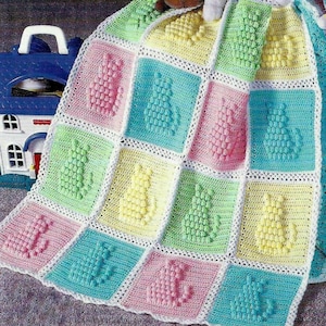 Vintage Crochet Pattern  Popcorn Kitty Cat Afghan  Bedspread Throw Blanket Kitten