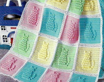 RETIREMENT SALE *** Vintage Crochet Pattern  Popcorn Kitty Cat Afghan  Bedspread Throw Blanket Kitten