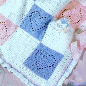 Vintage Crochet Pattern PDF  Hearts Baby Afghan  Ruffled Edge    Pram Cover Cot Blanket   Christening Baby Shower Baptism