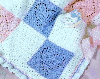 RETIREMENT SALE *** Vintage Crochet Pattern PDF  Hearts Baby Afghan  Ruffled Edge   Pram Cover Cot Blanket   Christening Baby Shower Baptism