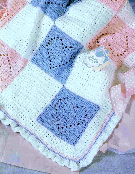 Vintage Crochet Pattern PDF Hearts Baby Afghan Ruffled Edge Pram