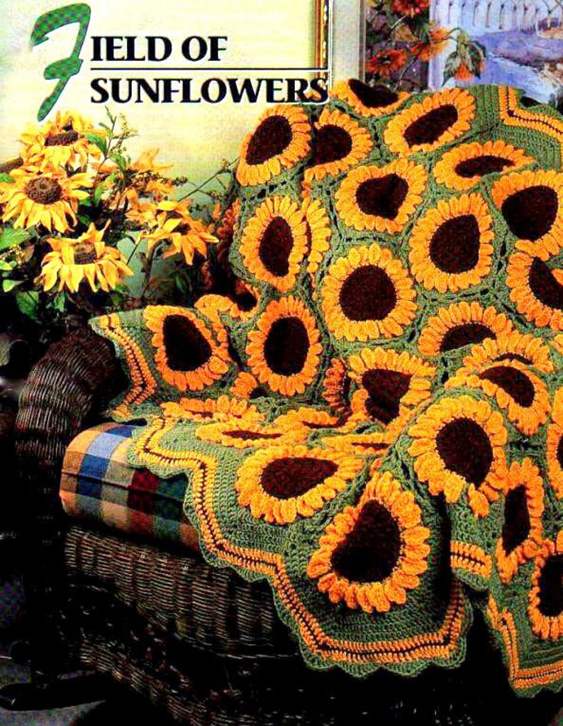 Vintage Crochet Pattern Sunflowers Afghan Throw Blanket Bedspread Sunflower INSTANT DOWNLOAD PDF image 2