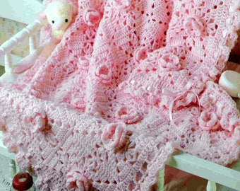 RETIREMENT SALE *** Vintage Crochet Pattern Pink Rose Granny Square Afghan Baby Blanket Cot Blanket Shawl