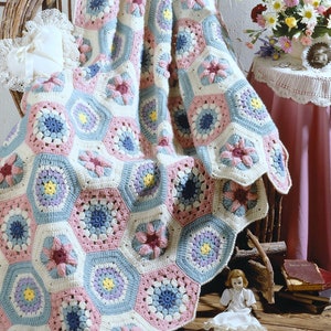 Vintage Crochet Pattern  Granny Floral Hexagon Afghan Throw Blanket Retro INSTANT DOWNLOAD PDF