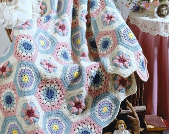 Vintage Crochet Pattern  Granny Floral Hexagon Afghan Throw Blanket Retro