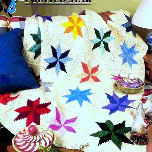 TÉLÉCHARGEMENT INSTANTANÉ PDF vintage Crochet Pattern Patchwork 8 Pointed Star Quilt Couvre-lit Afghan Throw Blanket Diamond Scrap Worsted