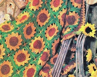 Vintage Crochet Pattern  Sunflowers Granny Square Afghan Throw Blanket Bedspread Sunflower Squares INSTANT DOWNLOAD PDF