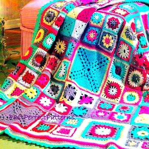 Vintage Crochet Pattern for Granny Square Patchwork Garden Afghan Throw Blanket  Retro Keep Warm this Winter