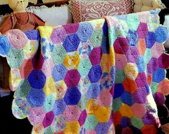 RETIREMENT SALE *** Vintage Crochet Pattern Hexagons Granny  Baby Afghan Throw Blanket Retro