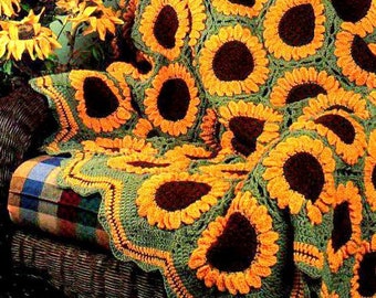 Vintage Crochet Pattern  Sunflowers Afghan  Throw Blanket Bedspread Sunflower