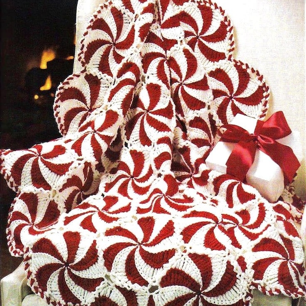 Vintage Crochet Pattern Christmas Holiday Peppermint Swirls Candy Cane Granny Motif Afghan Throw Blanket Bedspread Retro Decor PDF