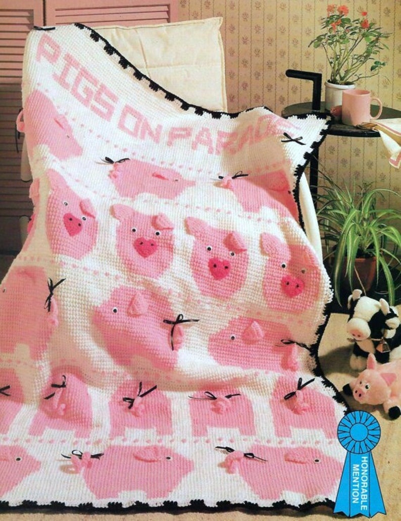 RETIREMENT SALE Vintage Crochet Pattern PDF Pigs Afghan Baby Pram Cover