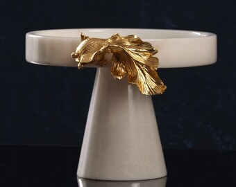 Handcrafted Marble Cake Serving Stand with Goldfish Brass Accessory, Luxury Round Presentation Stand, Marble and Brass Cake Plate, Mom Gift