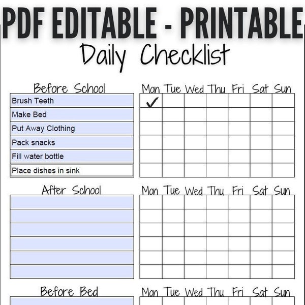 Editable PDF and Printable Daily Checklist Minimalist and Simple for Kids - Before and After School - Before Bed