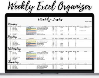 Könnte beinhalten: Eine wöchentliche Aufgaben-Organisations-Tabelle auf einem Laptop-Bildschirm. Die Tabelle ist in Spalten für Datum, Kunde, Kategorie, Details, Fälligkeitsdatum, Erledigt, Nächste Wiederholung, Zeiteinschätzung, Tatsächliche Zeit und Notizen unterteilt. Die Tabelle ist mit "Wöchentliche Aufgaben" betitelt.