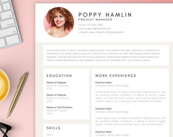May include: A resume template with a photo of a woman with curly hair. The resume includes contact information, education, work experience, and skills sections. The text in the resume is in a simple, clean font.