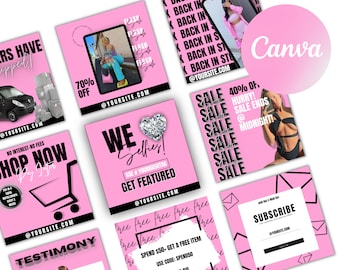 May include: A pink and black graphic design template for social media with the text "Shop Now" and "We Selfies!" and "Sale" repeated multiple times. The template also includes a shopping cart, a diamond heart, and a woman in a swimsuit.