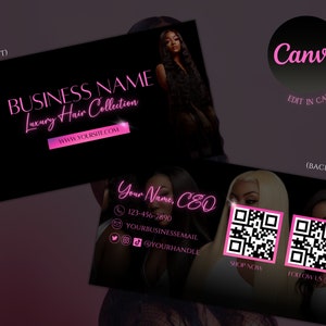 Modèle de carte de visite rose et noir de luxe pour boutique d'extensions de cheveux ou de perruques| Chic| Montage DIY sur Canva| Imprimable| Ajouter un code QR