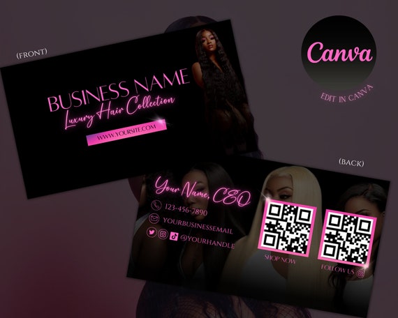 Luxury Pink and Black Business Card Template for Hair Extensions or Wig Store Boutique| Classy| DIY Edit in Canva| Printable| Add QR Code
