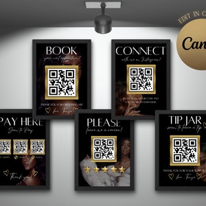 May include: Five black framed signs with gold accents and QR codes. The signs have text that reads "Book your next appointment", "Connect with me on Instagram", "Pay Here Scan to Pay", "Please leave me a review", and "Tip Jar Scan to leave a tip".