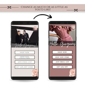 May include: A mobile phone screen displaying a pink and white graphic with the text "Hello Gorgeous" and several buttons, including "Shop Now", "Shop New Items", "Join Email List", and "Get 30% Off".